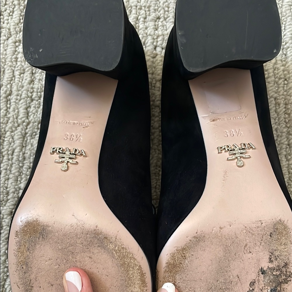 Prada Black Suede Heeled Loafers with Blue Label - Picture 8 of 8
